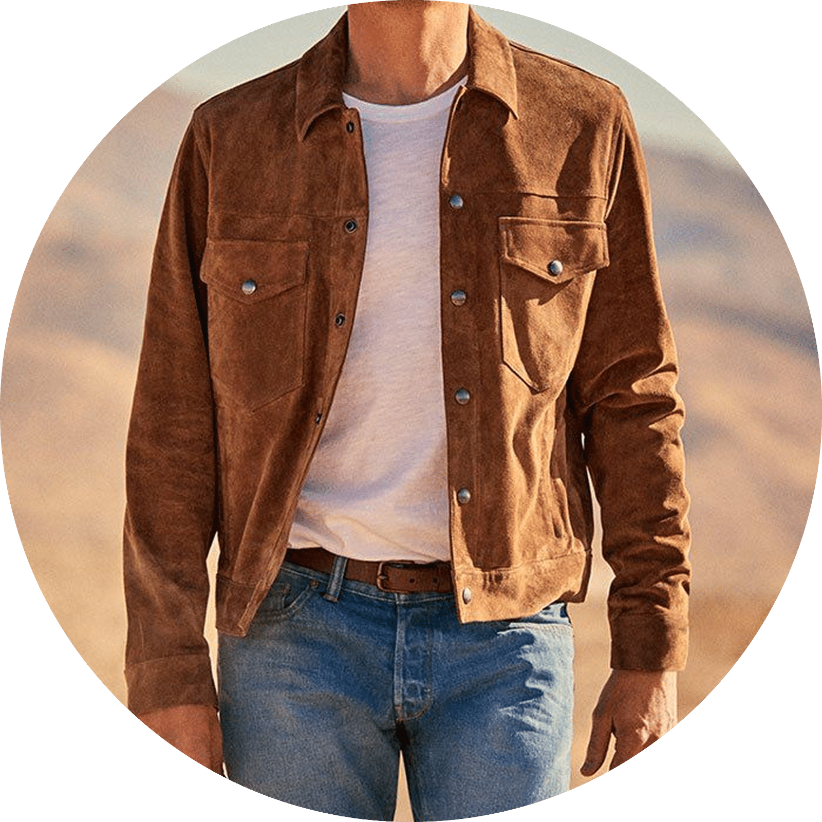Brown suede trucker jacket with chest pockets and jeans
