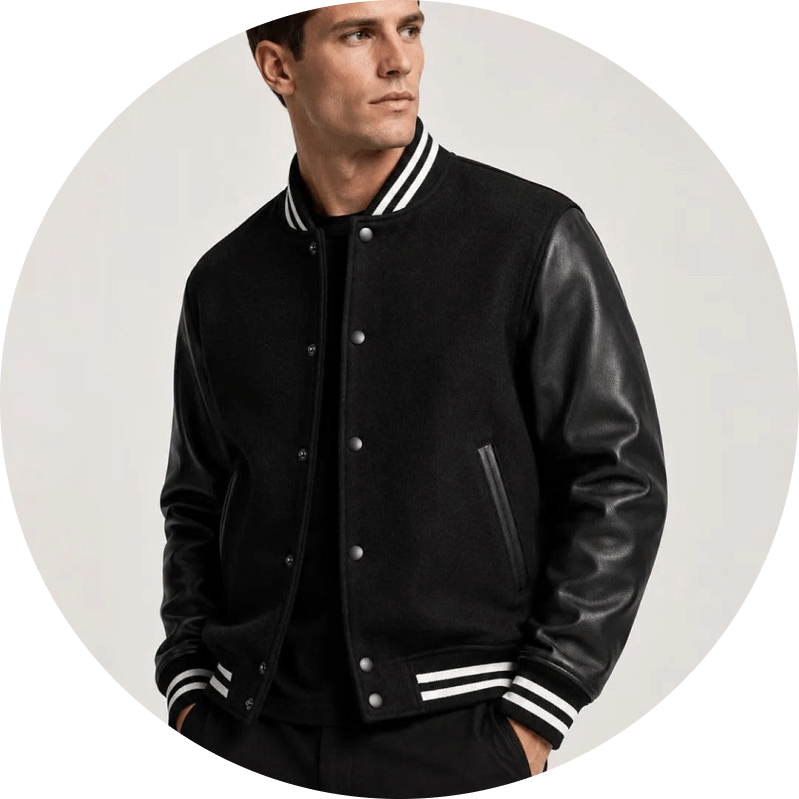 Black varsity jacket with leather sleeves and striped cuffs