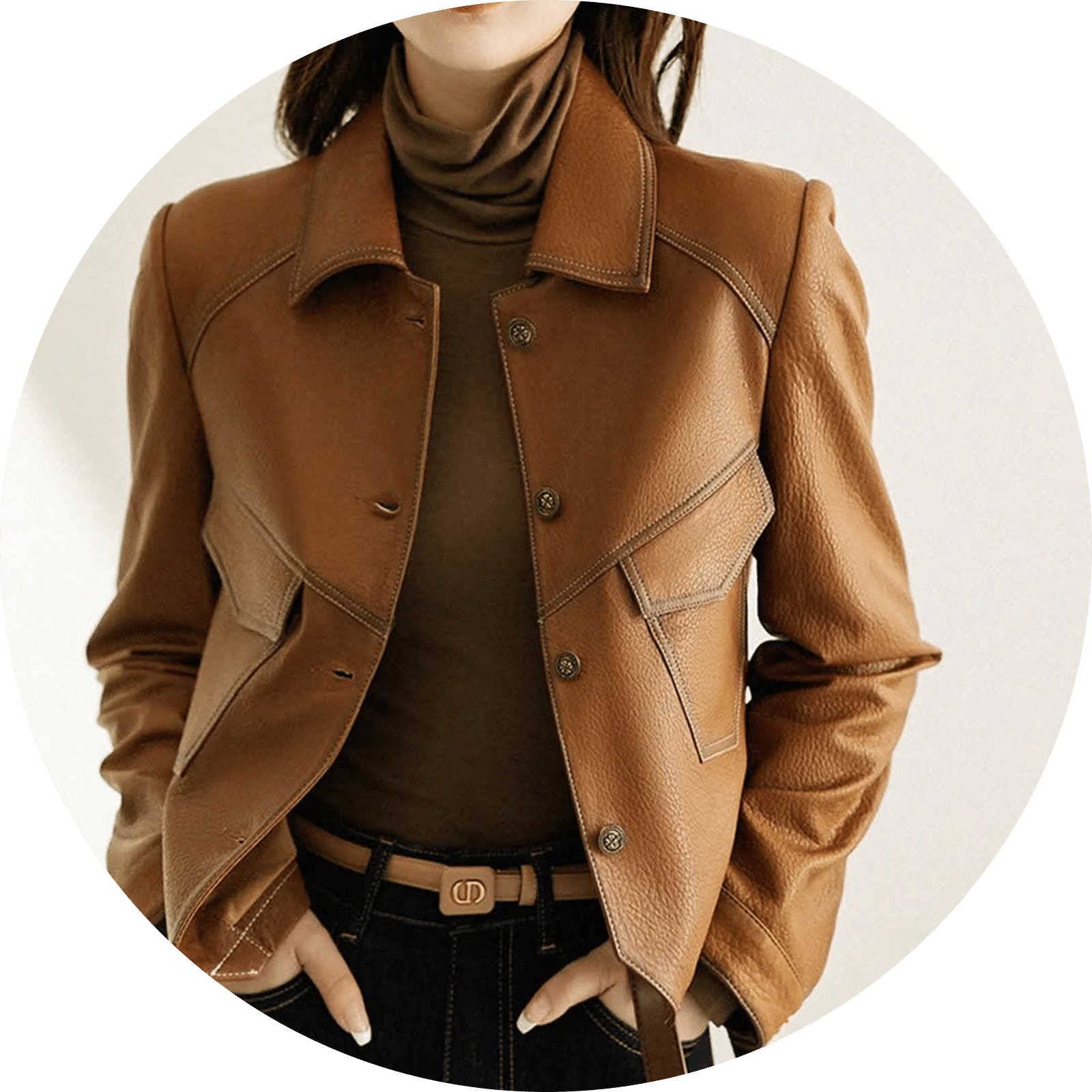 Brown leather jacket with button closure and pockets over a brown turtleneck