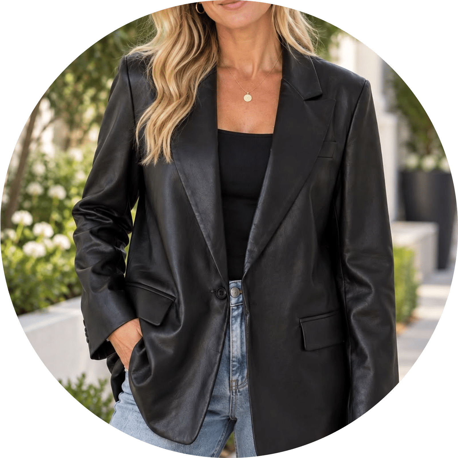 Black leather blazer with lapels and pockets, worn with jeans