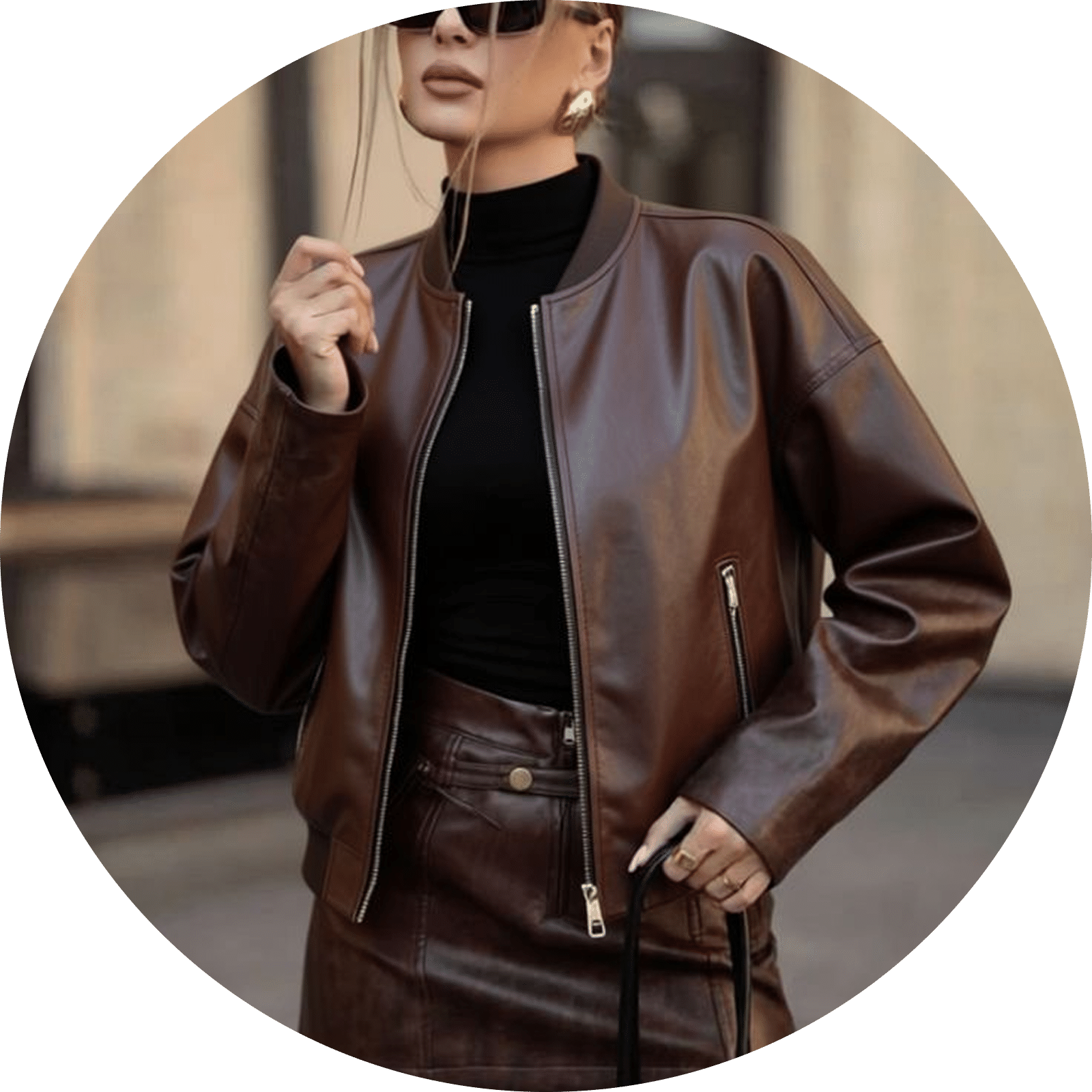 Brown leather bomber jacket and matching skirt with zippers