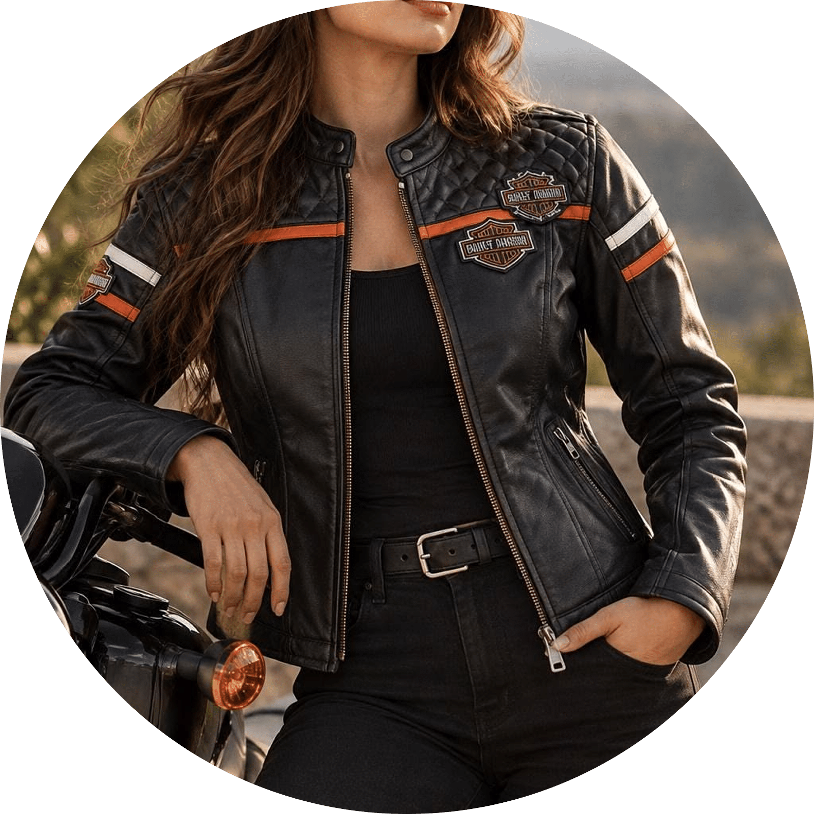 Black quilted leather jacket with orange and white stripe accents and Harley-Davidson patches