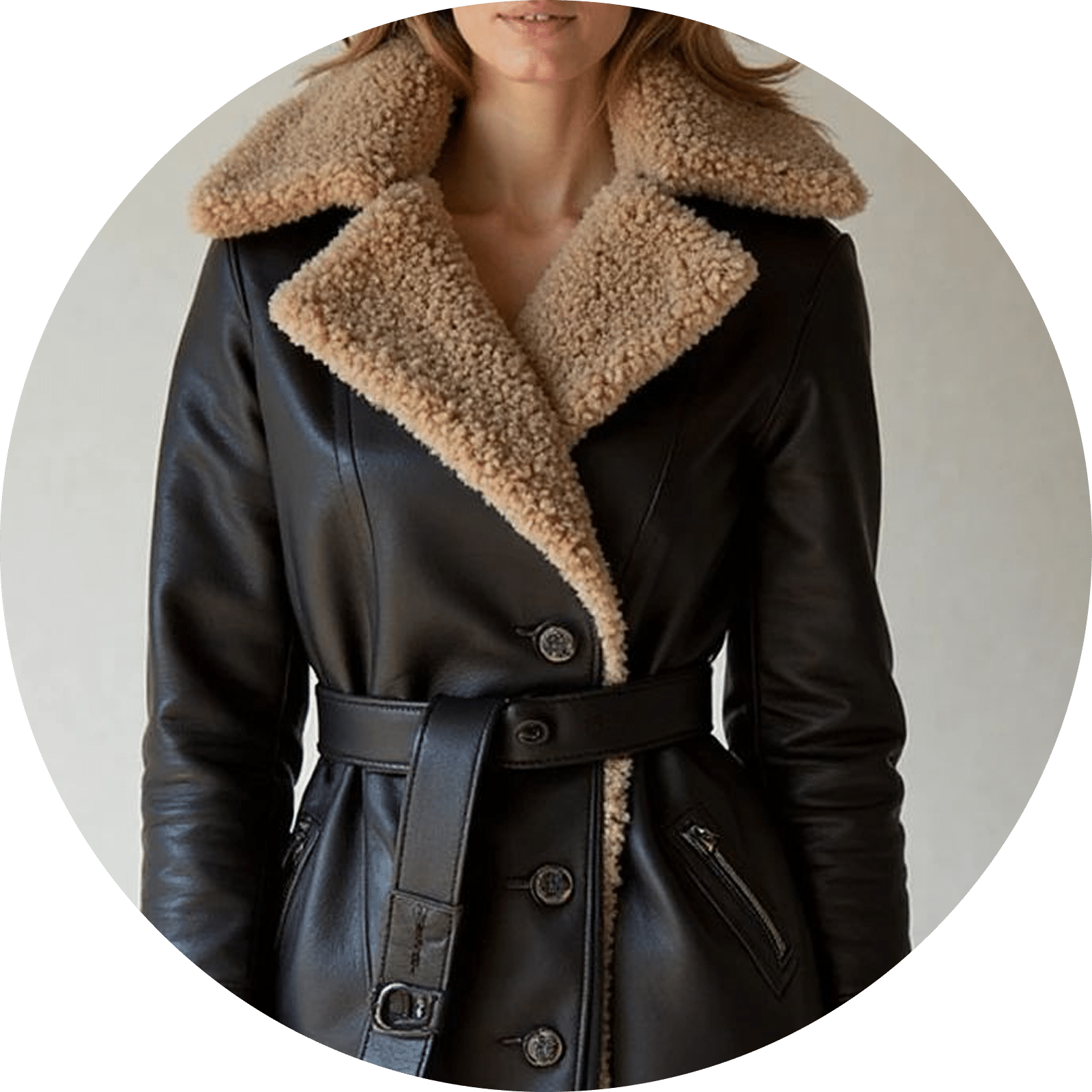 Black leather jacket with tan shearling lining and a belted waist