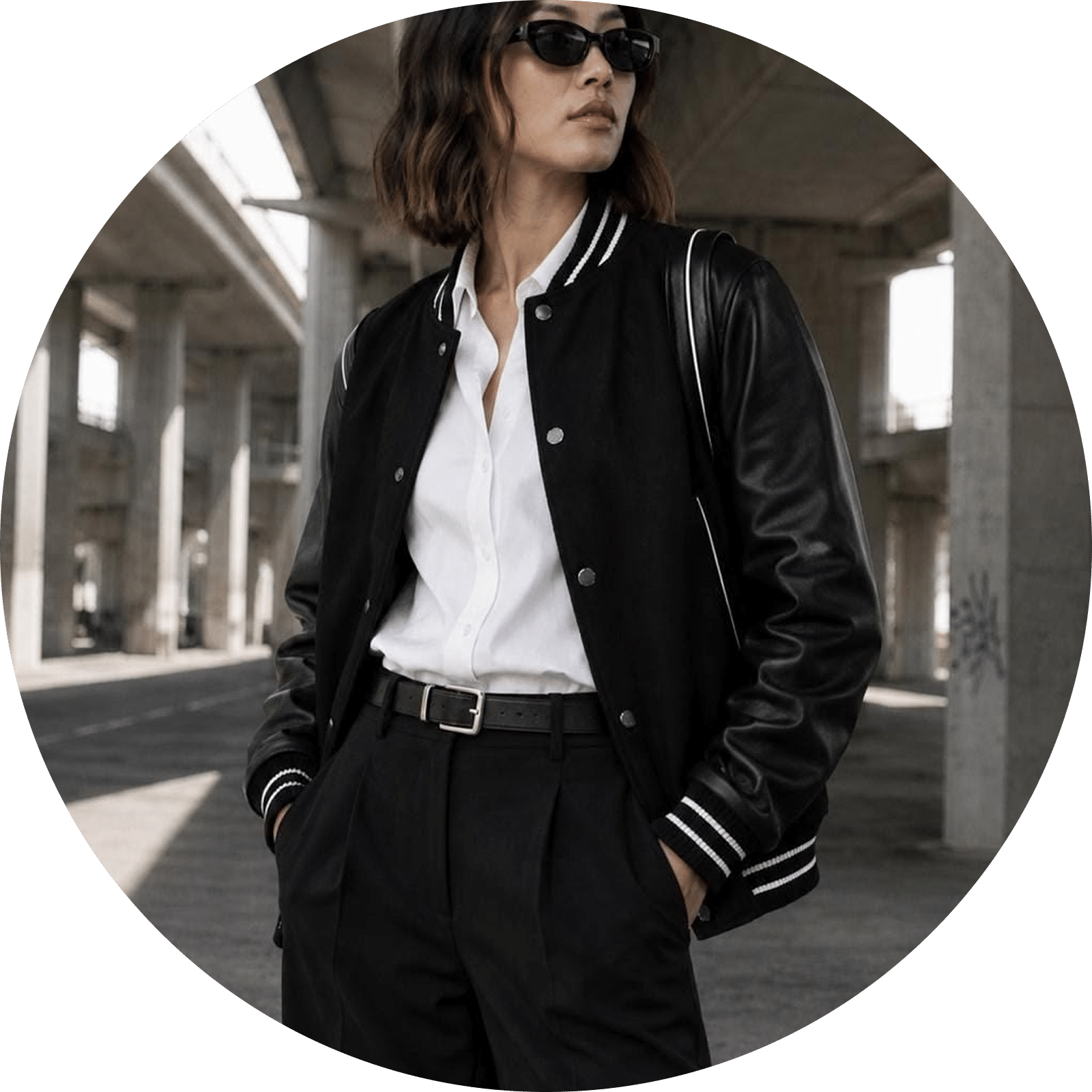 Woman in black leather varsity jacket and white shirt, wearing sunglasses and black pants