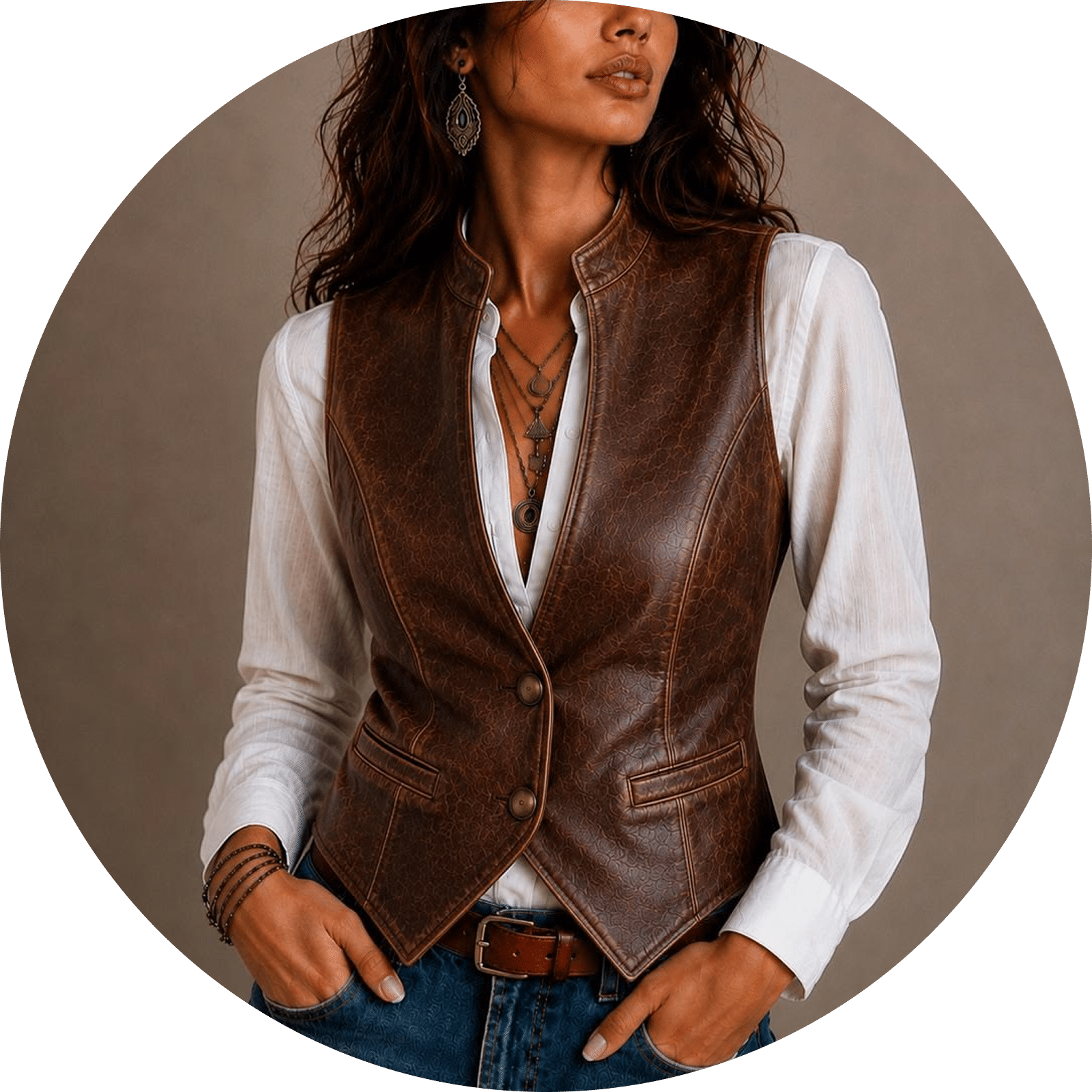 Woman wearing a brown embossed leather vest over a white shirt and blue jeans