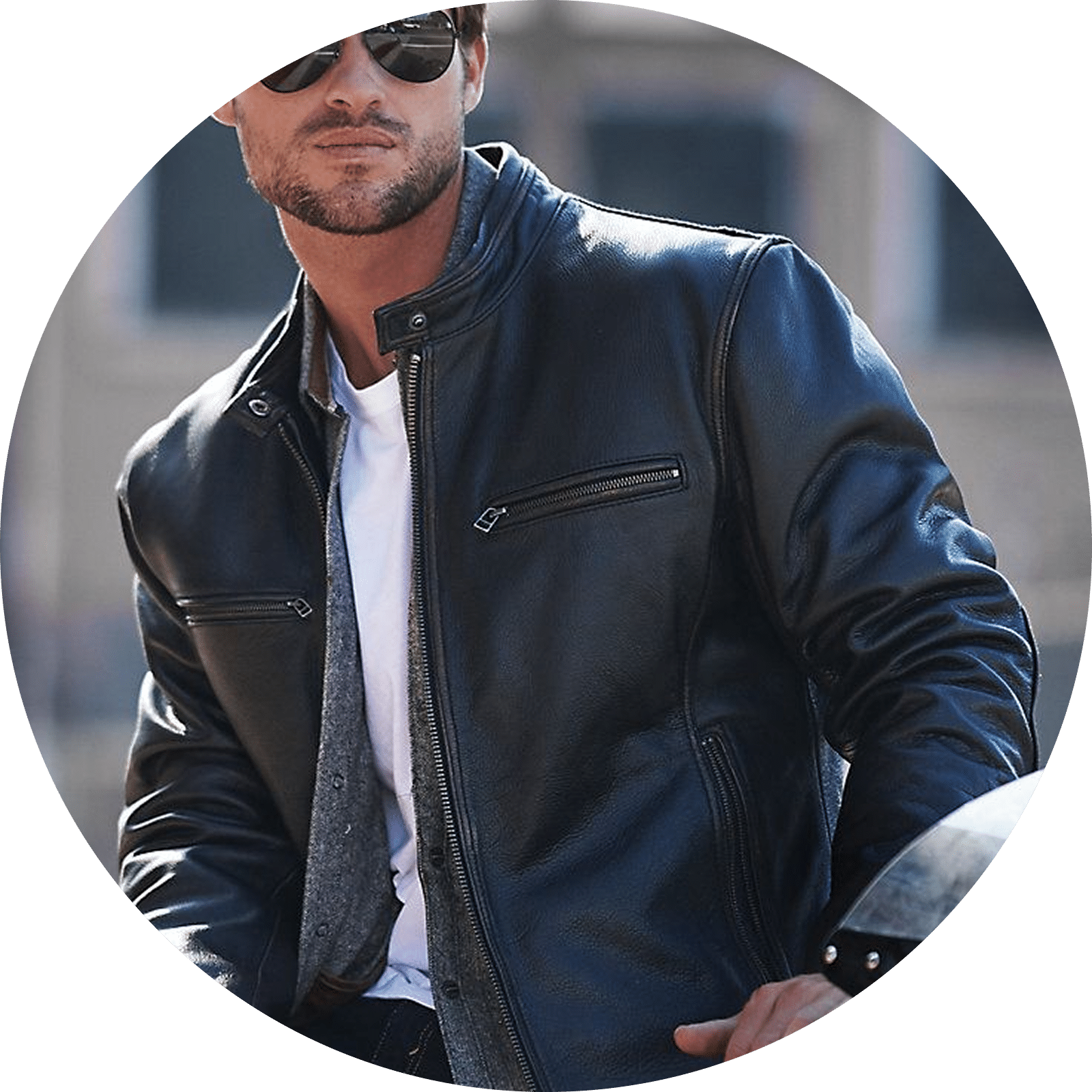 Man in black leather jacket with zipped pockets