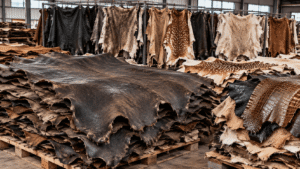 Piles of various raw leather hides and tanned skins, including spotted deer and alligator, in a warehouse