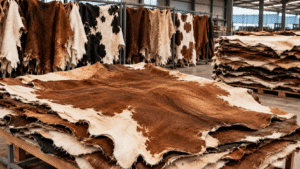 Stacked and hanging cow hides in various brown and white natural patterns within an industrial tannery