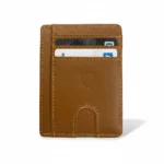 Brown leather card holder with multiple card slots and embossed logo