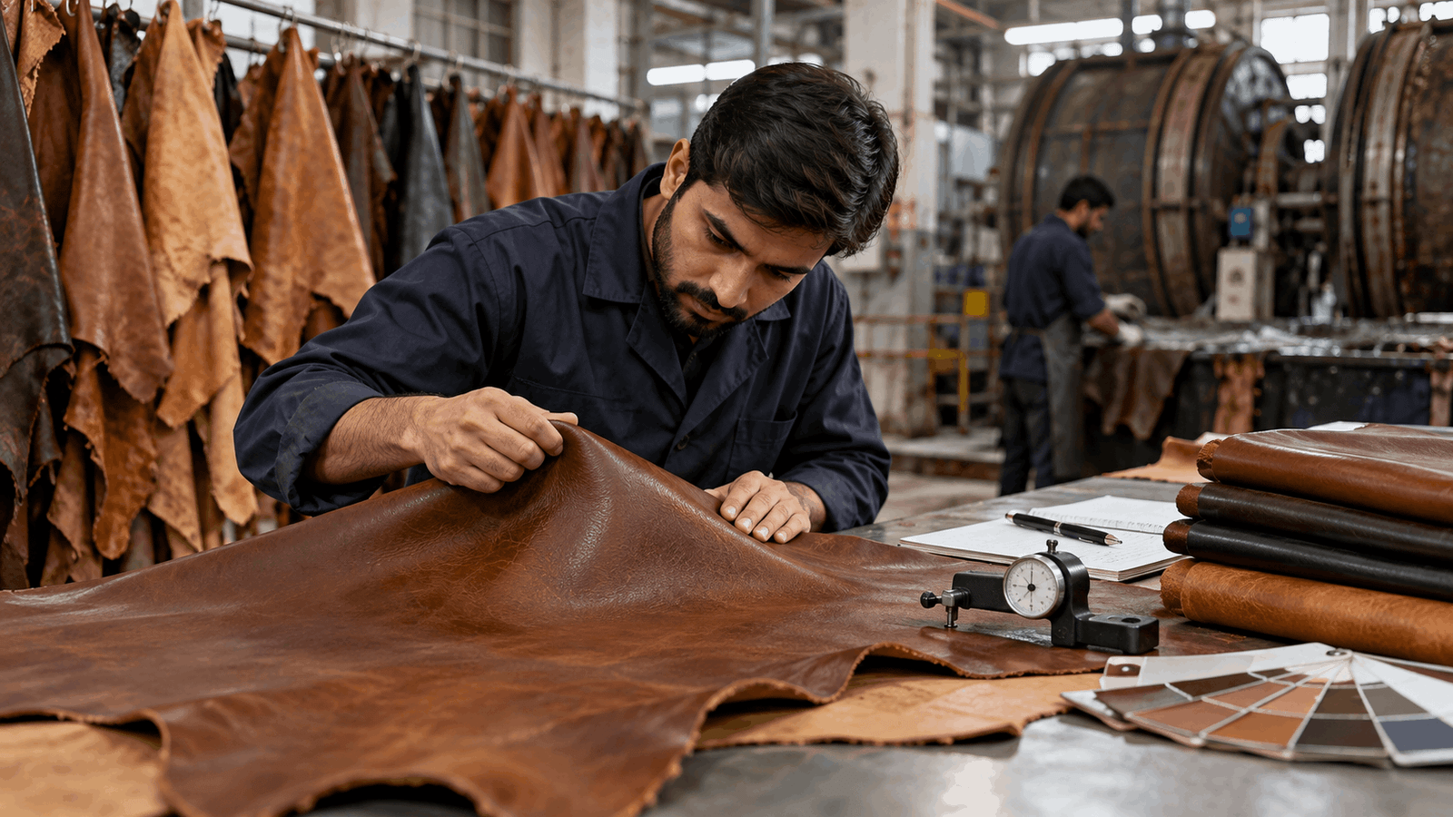 Man inspecting a piece of brown leather with a gauge and color swatches on a table