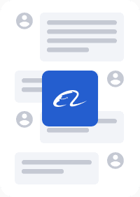Chat bubbles with user icons and a blue square with a white signature