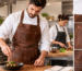 Chefs in a kitchen, one garnishing food, wearing brown leather aprons
