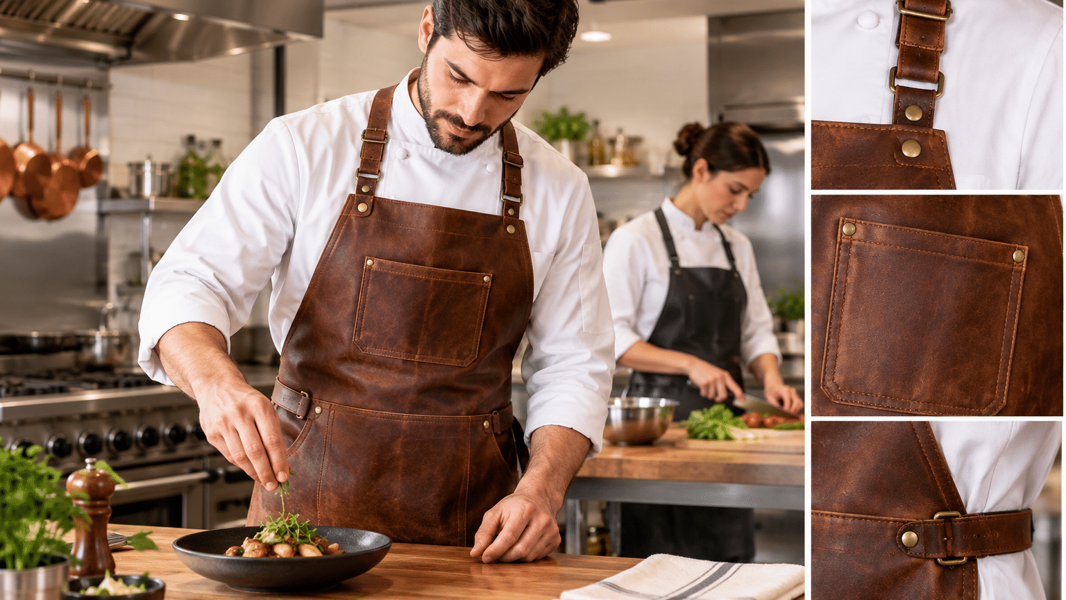 Chefs in a kitchen, one garnishing food, wearing brown leather aprons