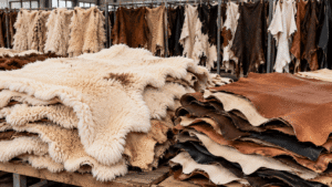 Stacks of sheepskin and tanned leather hides in various colors