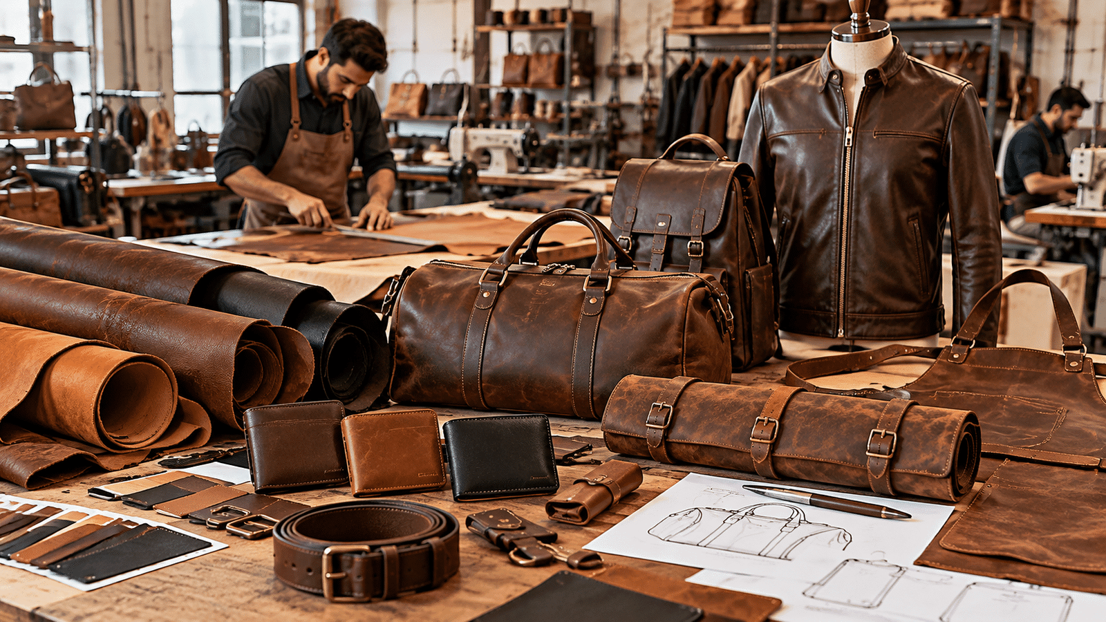 Leather workshop with various leather goods, including a jacket, bags, and wallets