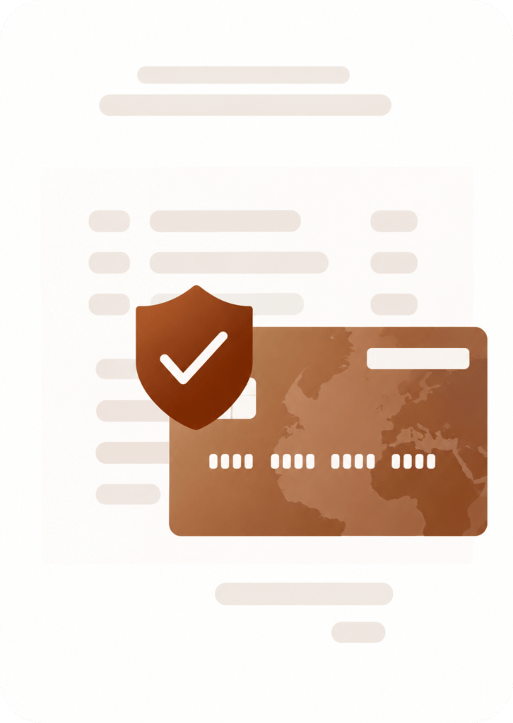 Credit card with shield icon on abstract document background