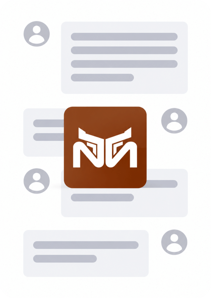 Brown square icon with white abstract design on messaging interface background