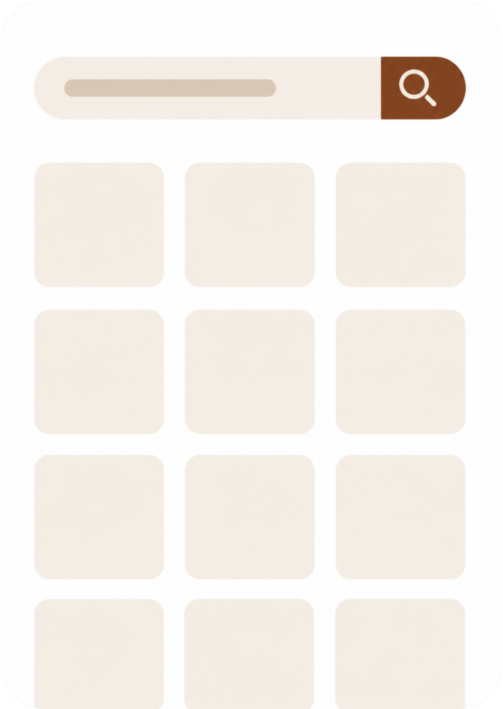 Search bar with magnifying glass icon above a grid of blank squares
