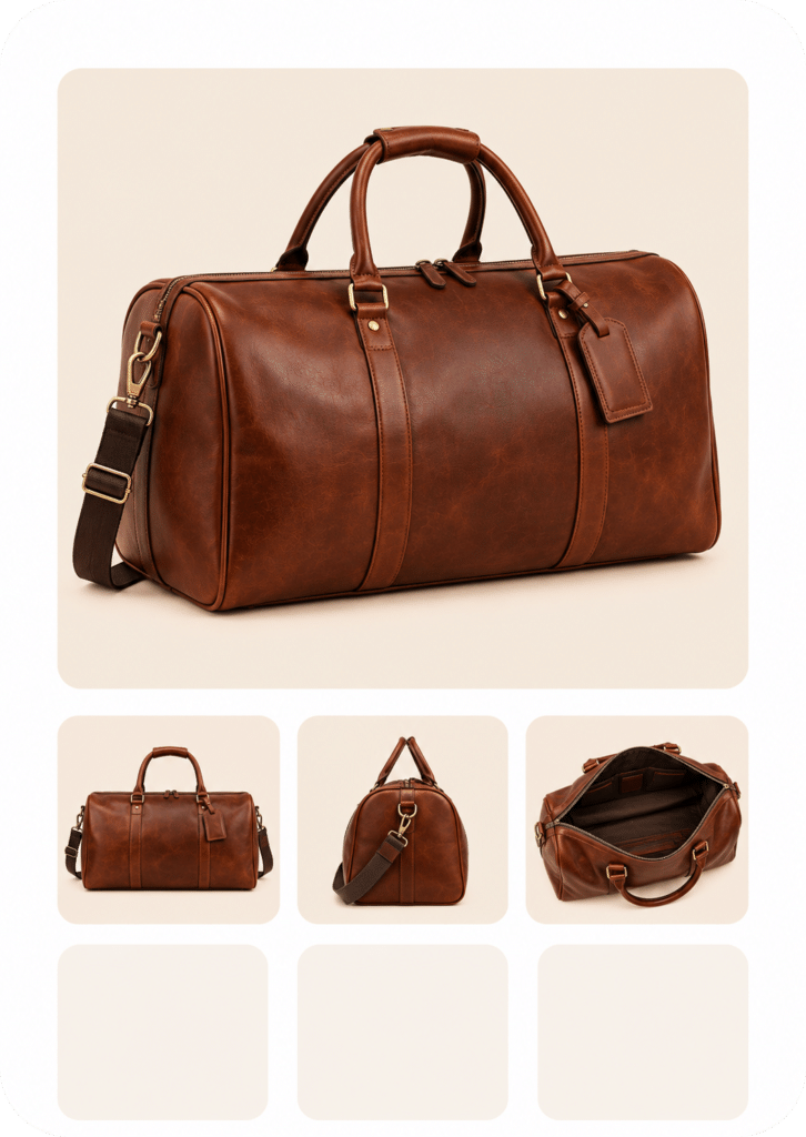 Brown leather duffel bag with brass hardware and a shoulder strap