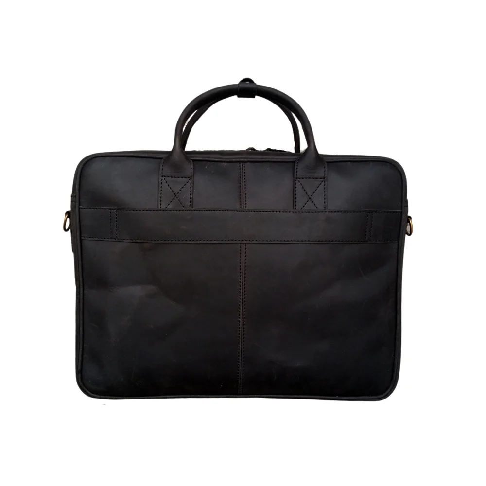Black leather briefcase with double handles and stitching details