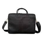 Black leather messenger bag with a detachable shoulder strap and multiple zippered pockets