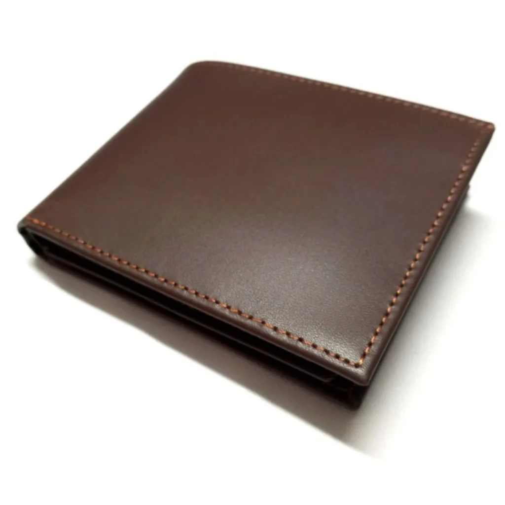 Brown leather bi-fold wallet with visible stitching on a white background