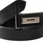 Black leather belt with a metal buckle and embossed initials