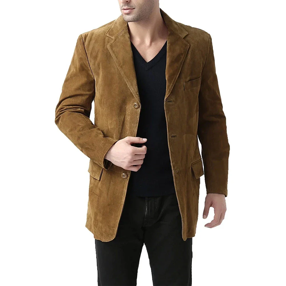 Man wearing a brown suede blazer over a black V-neck shirt
