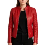 Red quilted leather moto jacket with zipper detail
