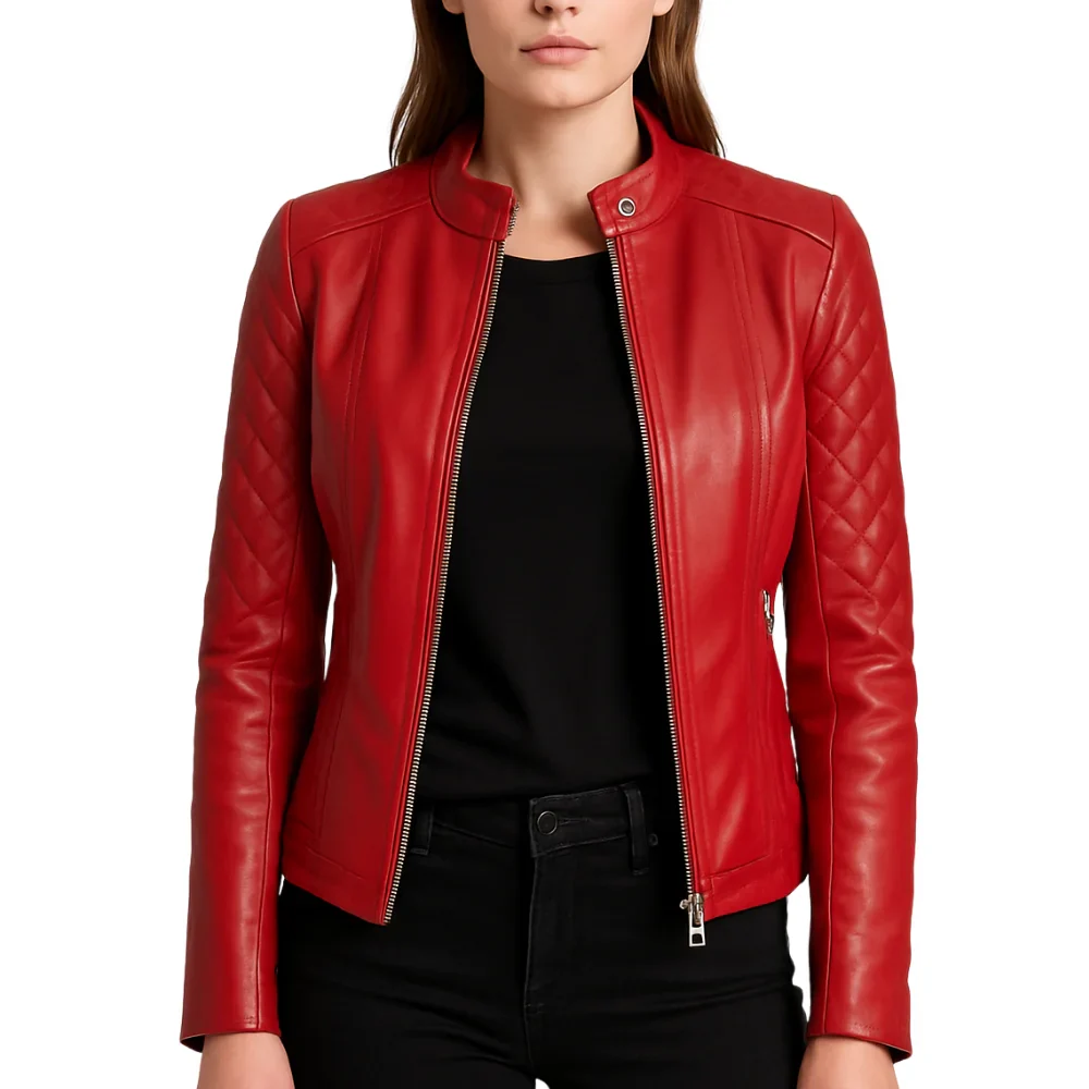 Red quilted leather moto jacket with zipper detail