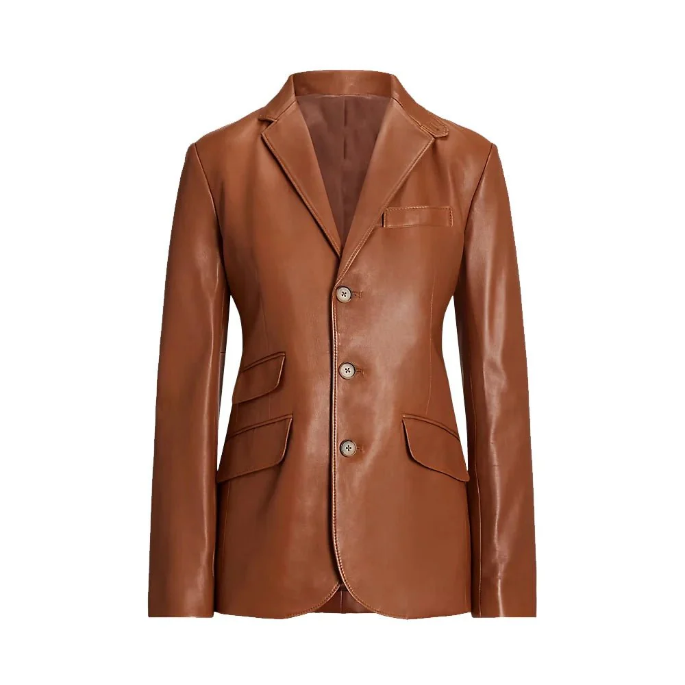 Brown leather blazer with three-button closure and flap pockets