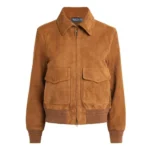 Brown suede bomber jacket with two chest pockets