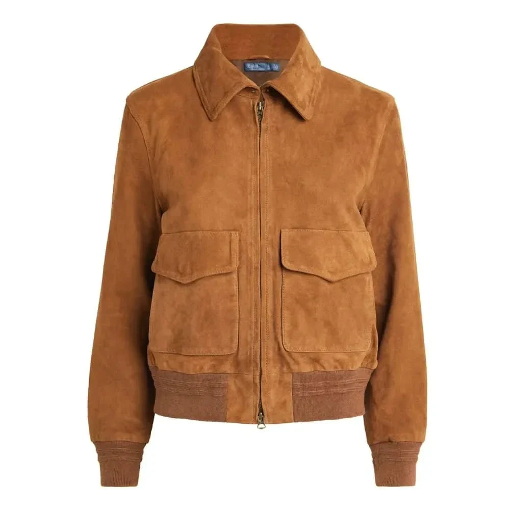 Brown suede bomber jacket with two chest pockets
