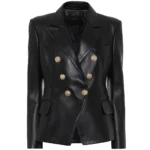 Black double-breasted leather blazer with gold buttons