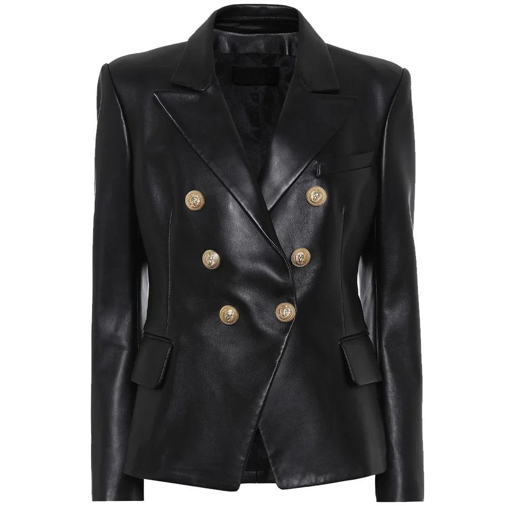 Black double-breasted leather blazer with gold buttons