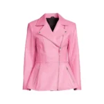 Pink leather moto jacket with zippered pockets and peplum hem