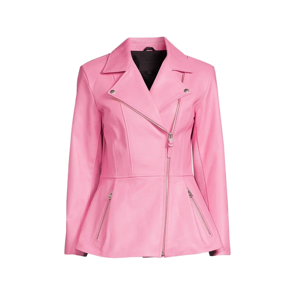 Pink leather moto jacket with zippered pockets and peplum hem
