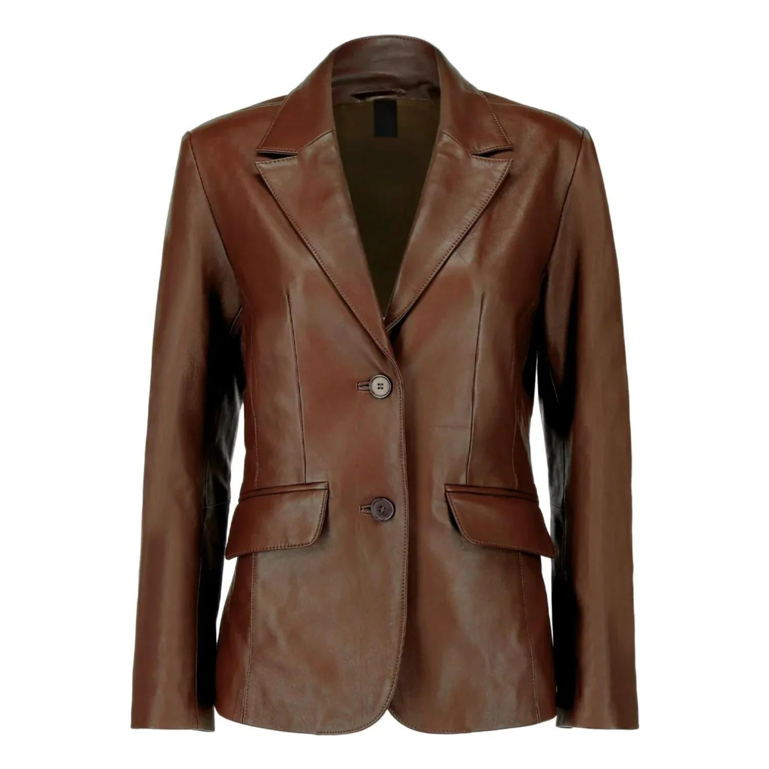 img_69fde539db6c85.14728356 Brown leather blazer with two buttons and two front pockets
