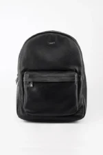 Black textured leather backpack with front pocket and metal logo