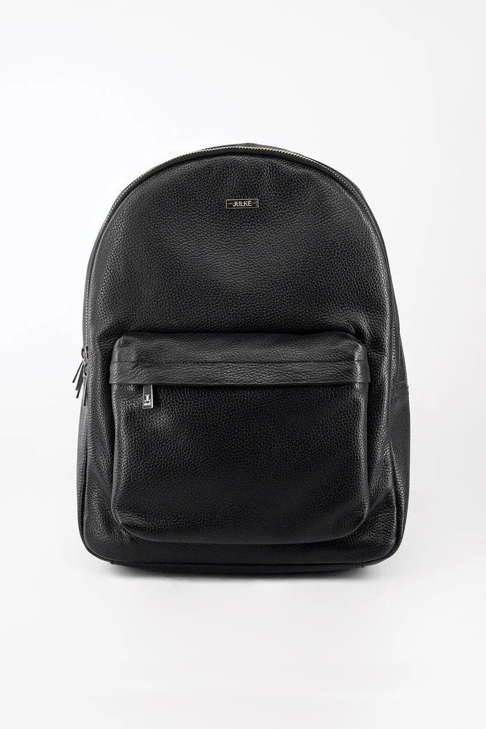 img_6a0c59ce086e30.61044620 Black textured leather backpack with front pocket and metal logo