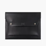 Black leather envelope clutch with gold snaps and embossed logo