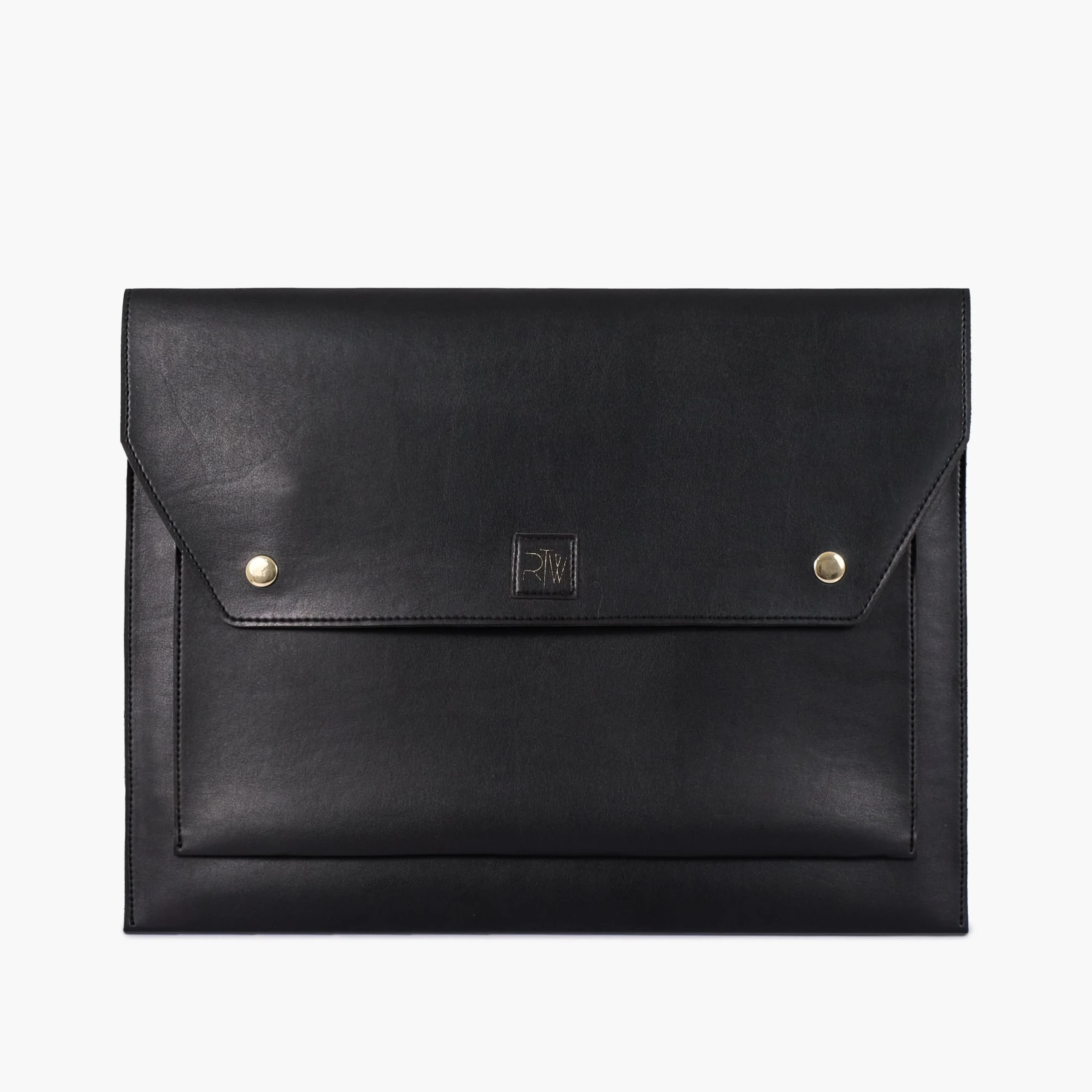 img_6a0c5bef38c7a7.26116431 Black leather envelope clutch with gold snaps and embossed logo