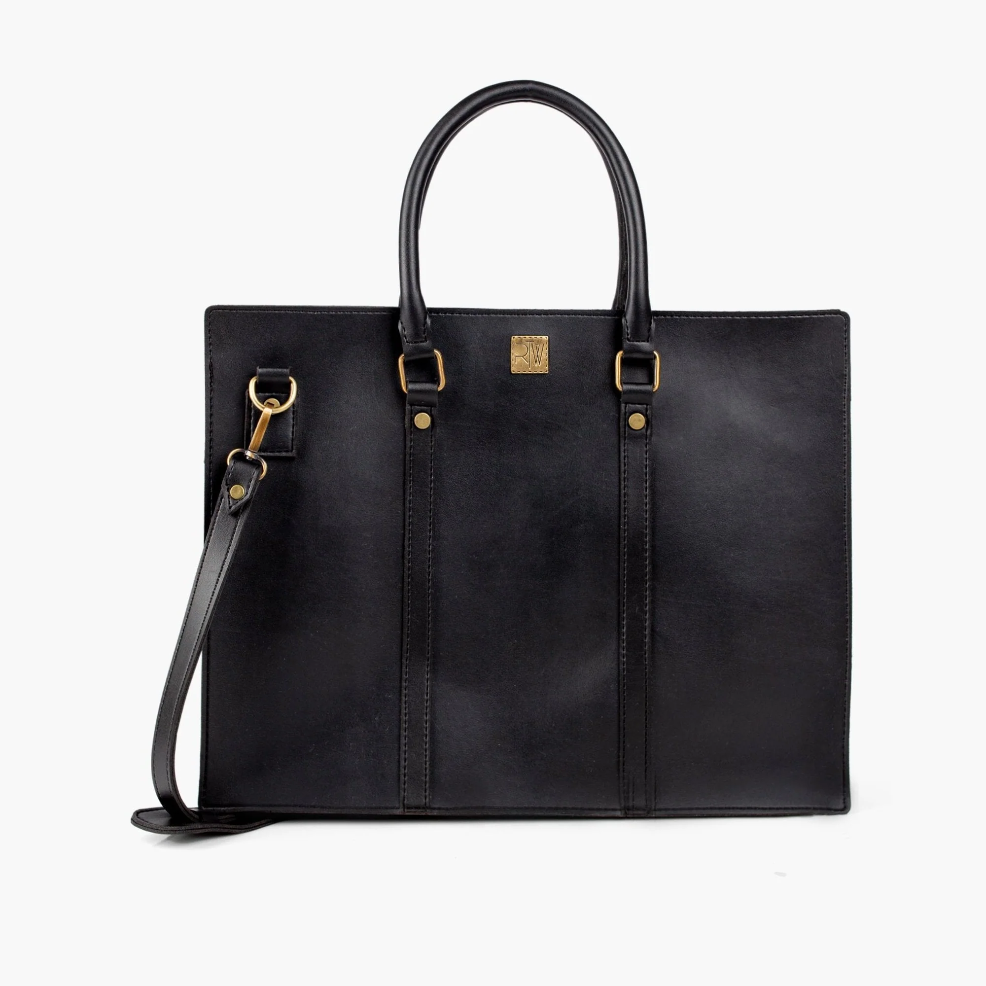 img_6a0c5c4779a639.82600430 Black leather tote bag with gold hardware and detachable strap