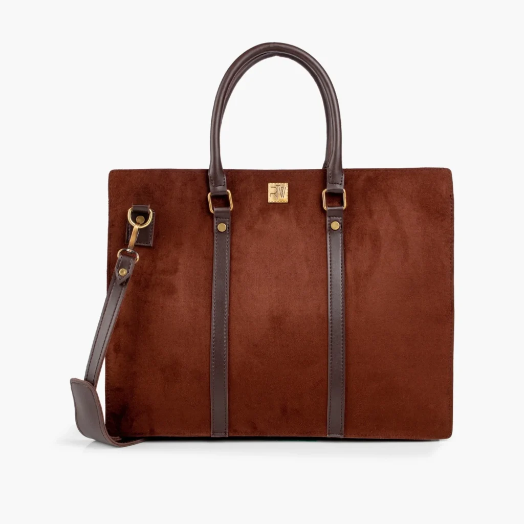 Brown suede tote bag with leather accents and strap