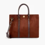 Brown suede tote bag with leather accents and strap