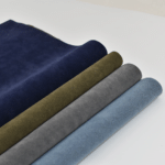 Suede fabric swatches in navy, olive, grey, and light blue