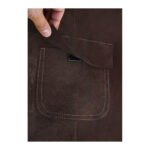 Brown leather welding apron with a pocket and white stitching